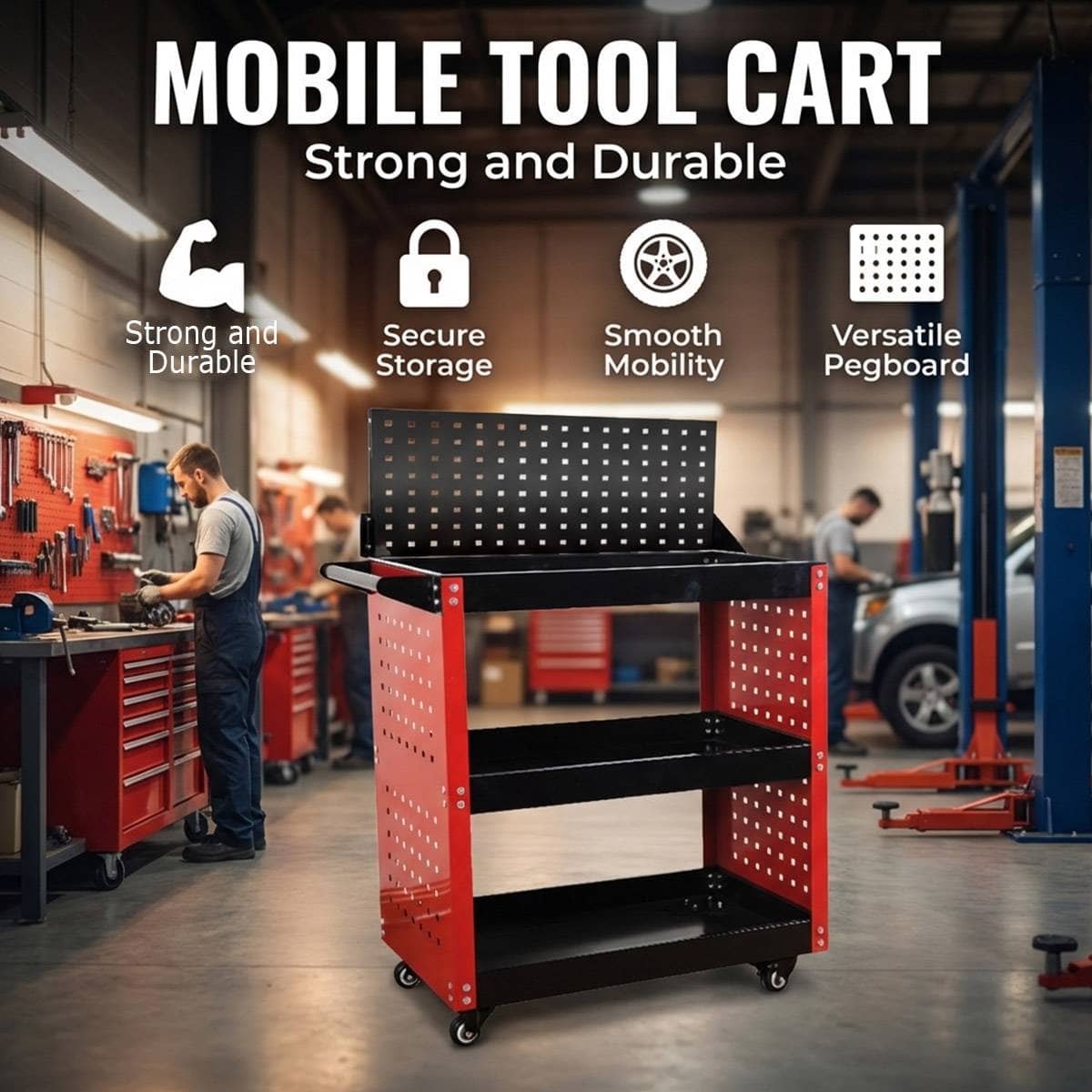 Heavy Duty 3 Tier Tool Cart with Wheels, Rolling Workbench for Mechanics and Repair Shops