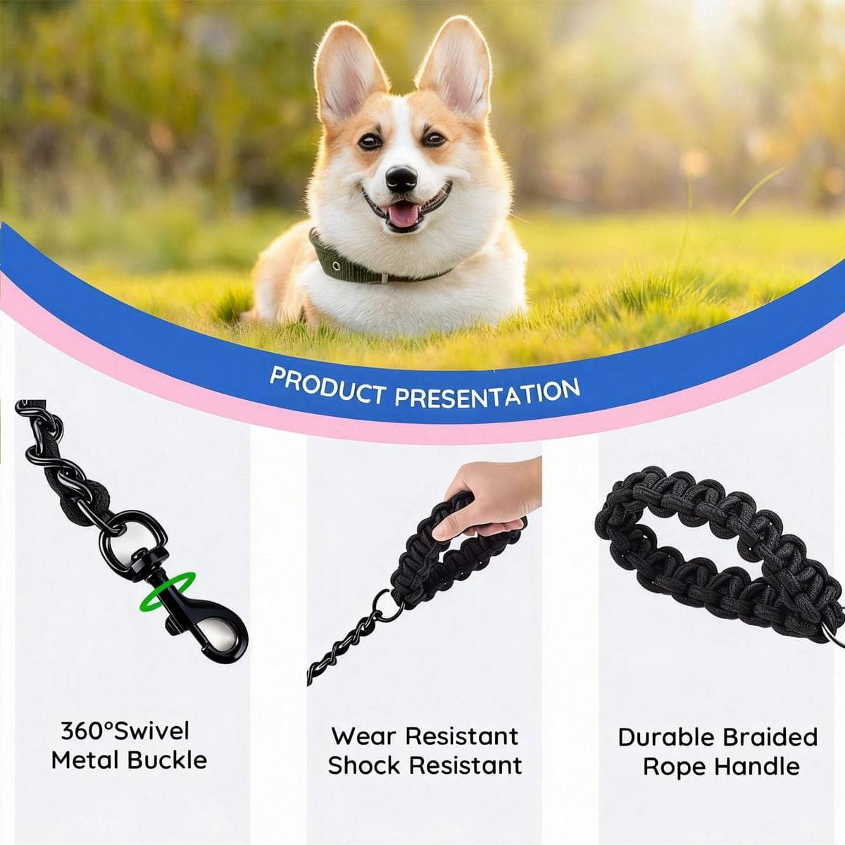 Heavy Duty Chew Resistant Dog Leash with Metal Chain, 165 cm - Green - view 5