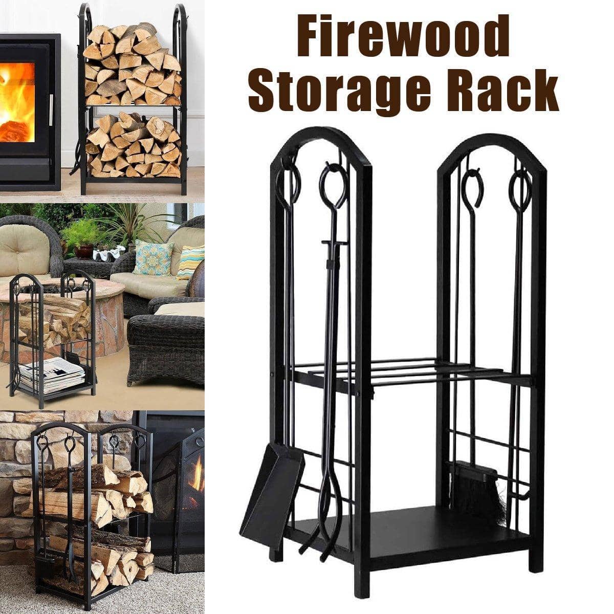 Heavy Duty Firewood Storage Rack with Fireplace Tools