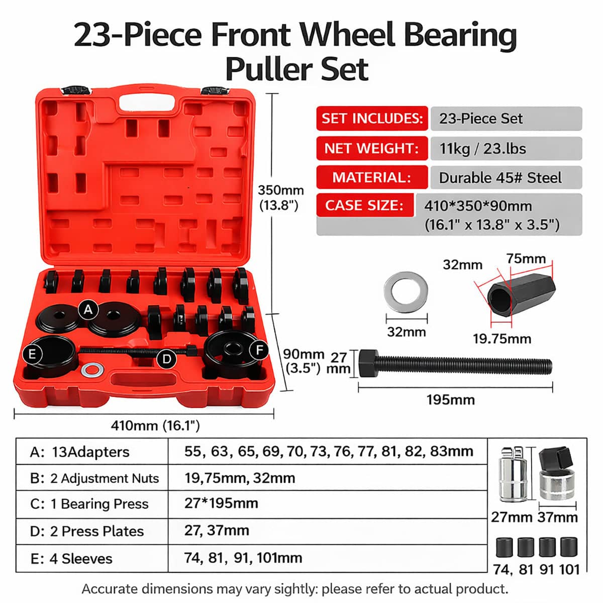 Heavy Duty Front Hub Bearing Race Service Kit 23 Piece Automotive Repair Tool Set - view 3