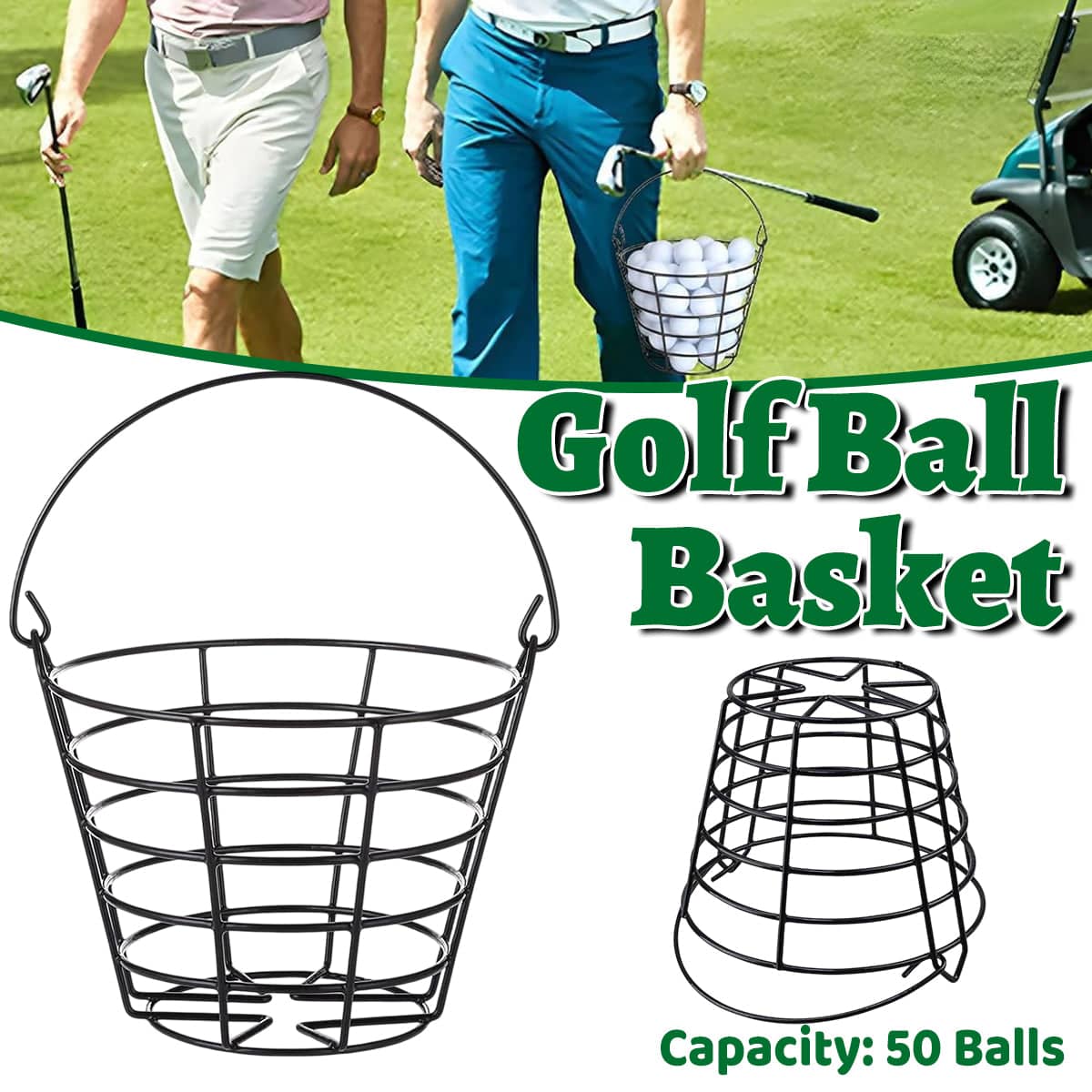 Heavy Duty Iron Golf Ball Basket 50 Ball Range Carrier with Handle in Black