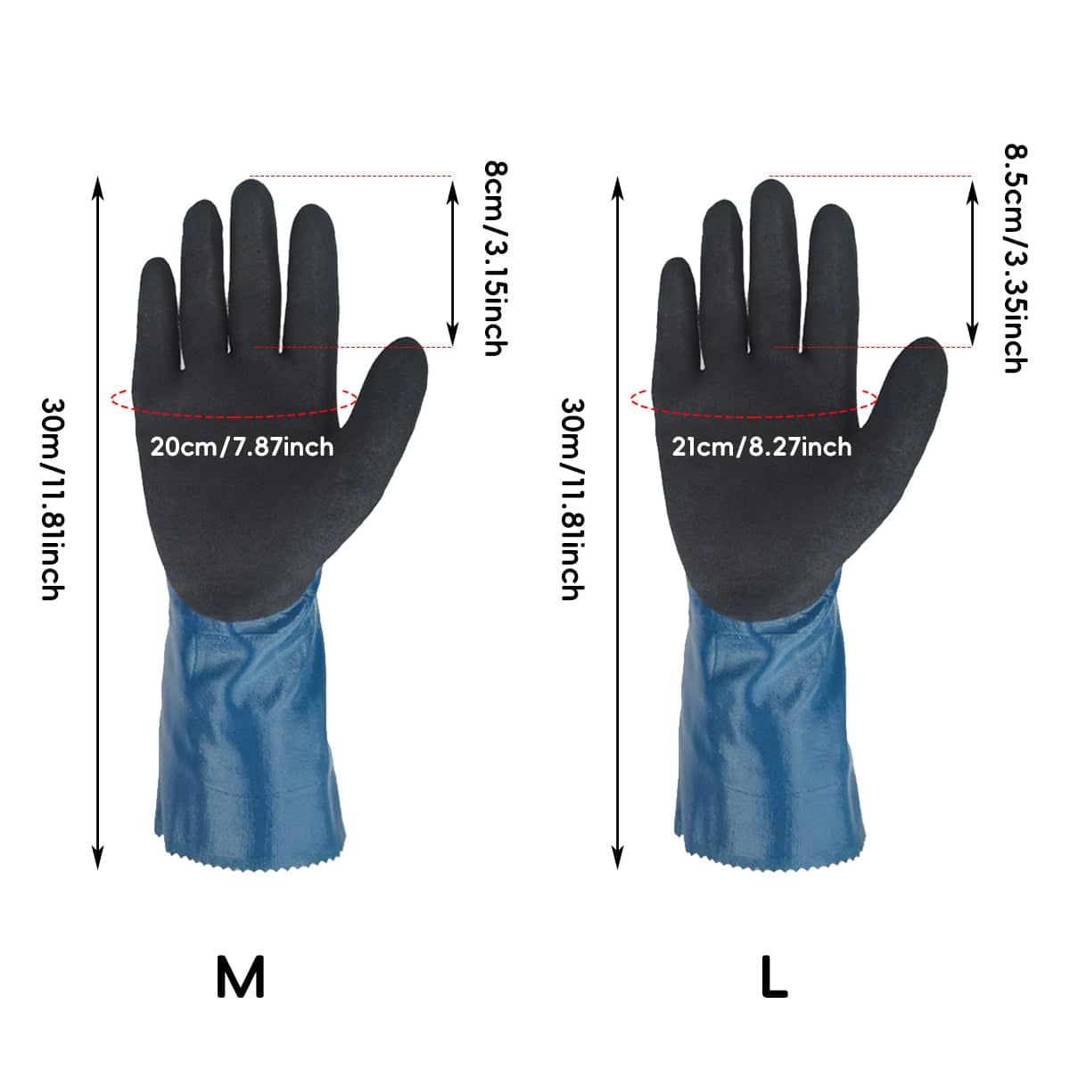 Heavy Duty Nitrile Coated Work Gloves 30cm Long Cuff Oil Resistant - Size L (Palm 21cm, Finger 8.5cm) - view 3