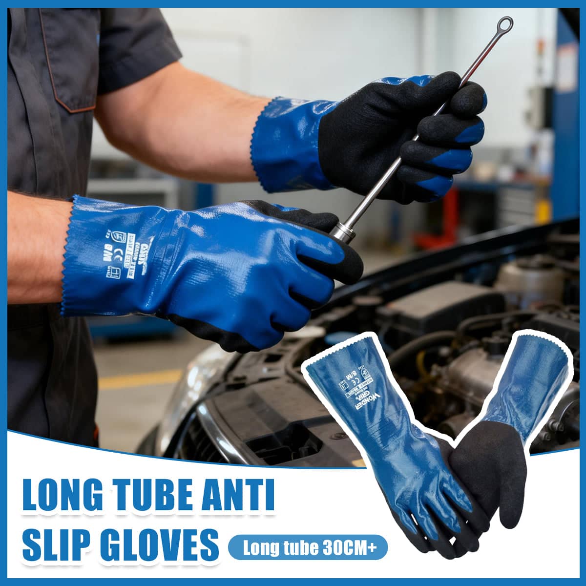 Heavy Duty Nitrile Coated Work Gloves 30cm Long Cuff Oil Resistant - Size M (Palm 20cm, Finger 8cm) - view 2