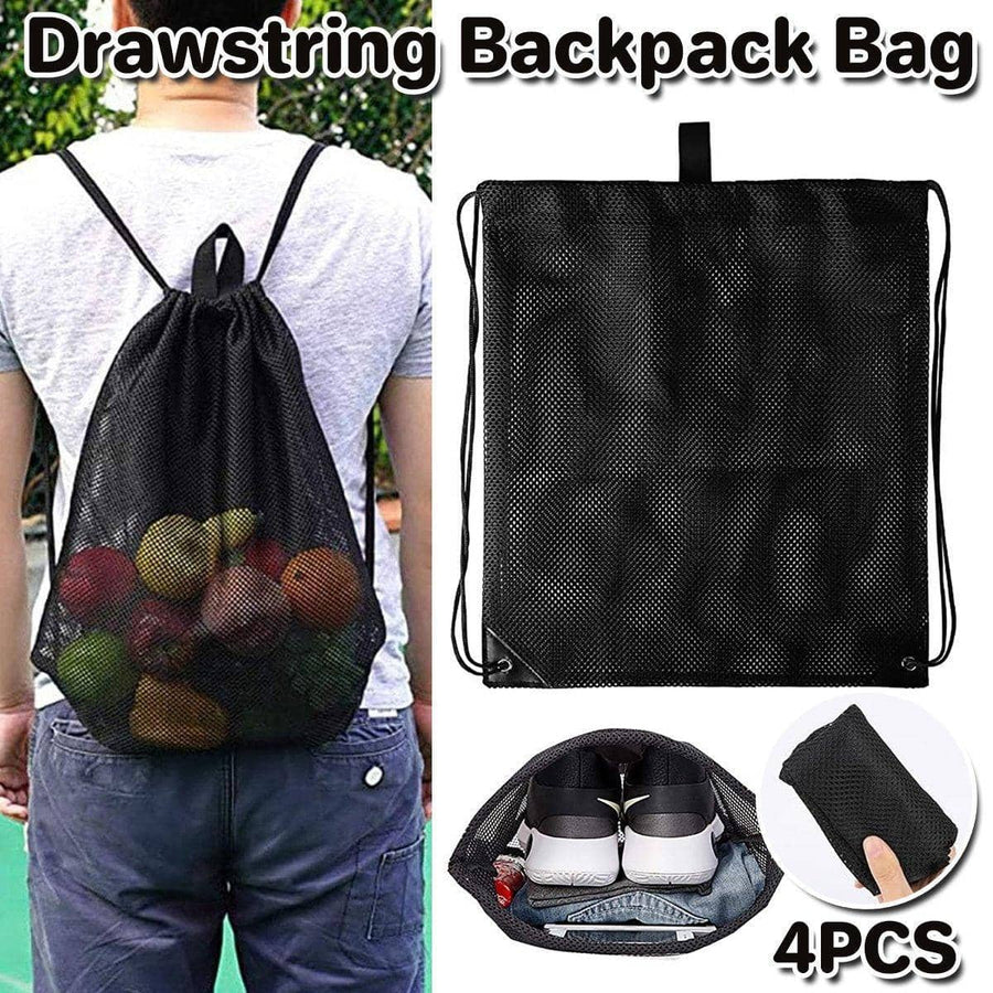 Heavy Duty Nylon Mesh Drawstring Bag for Gym and Beach - Black, Pack of 4