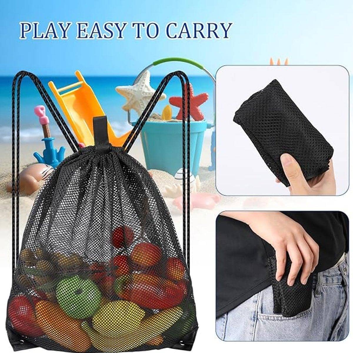 Heavy Duty Nylon Mesh Drawstring Bag for Gym and Beach - Black, Pack of 4 - view 4