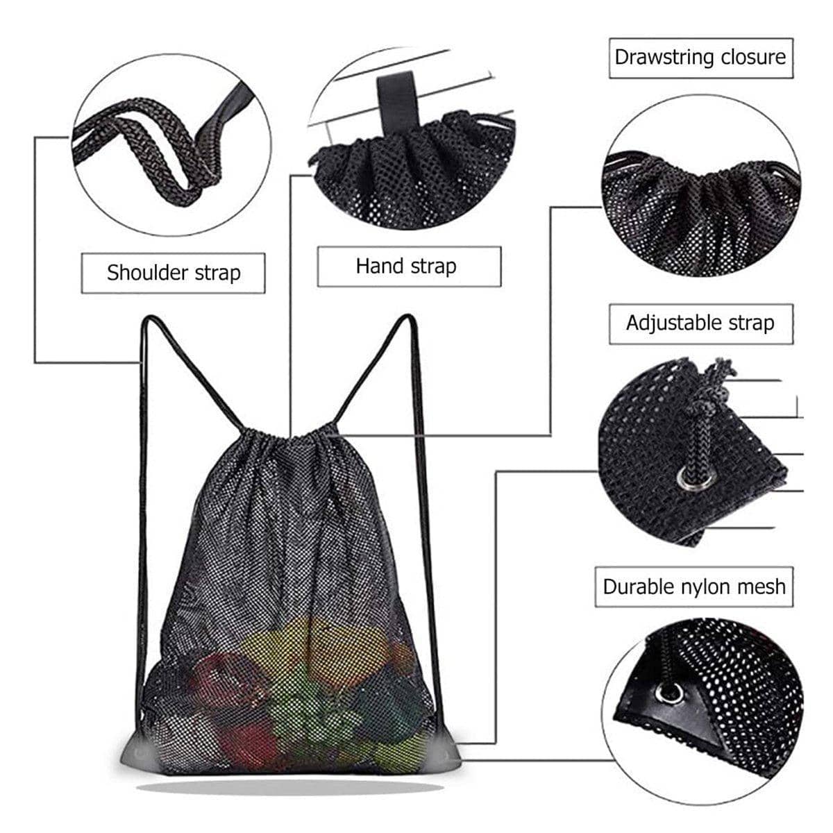 Heavy Duty Nylon Mesh Drawstring Bag for Gym and Beach - Black, Pack of 4 - view 5