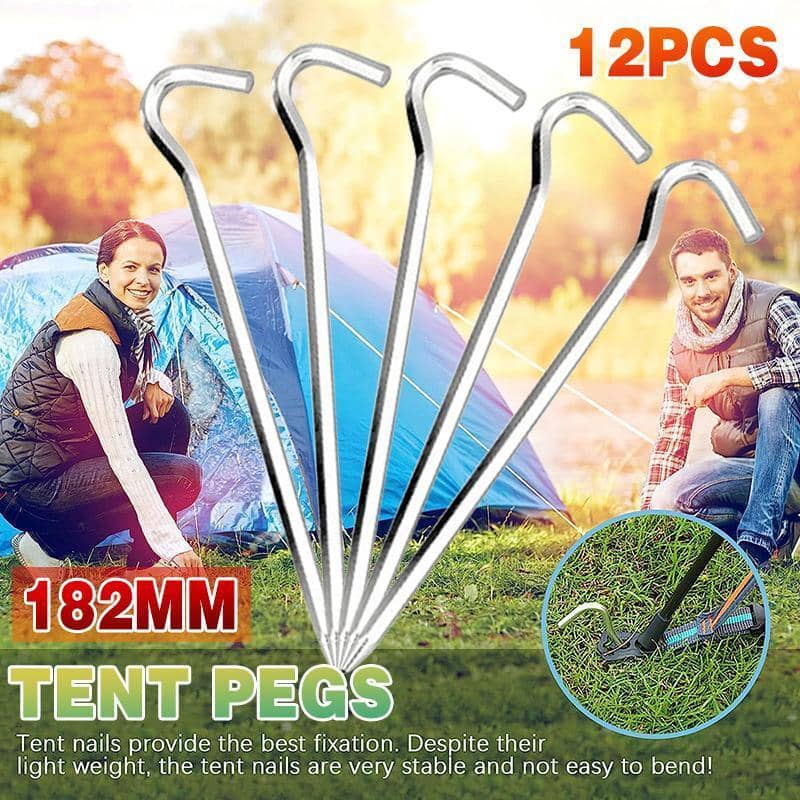 Heavy Duty Steel Tent Pegs, 182 mm Hook Top, Pack of 12