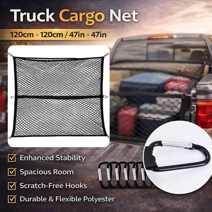 Heavy Duty Truck Bed Cargo Net, Elastic Mesh with 6 Carabiners, 120 x 120 cm