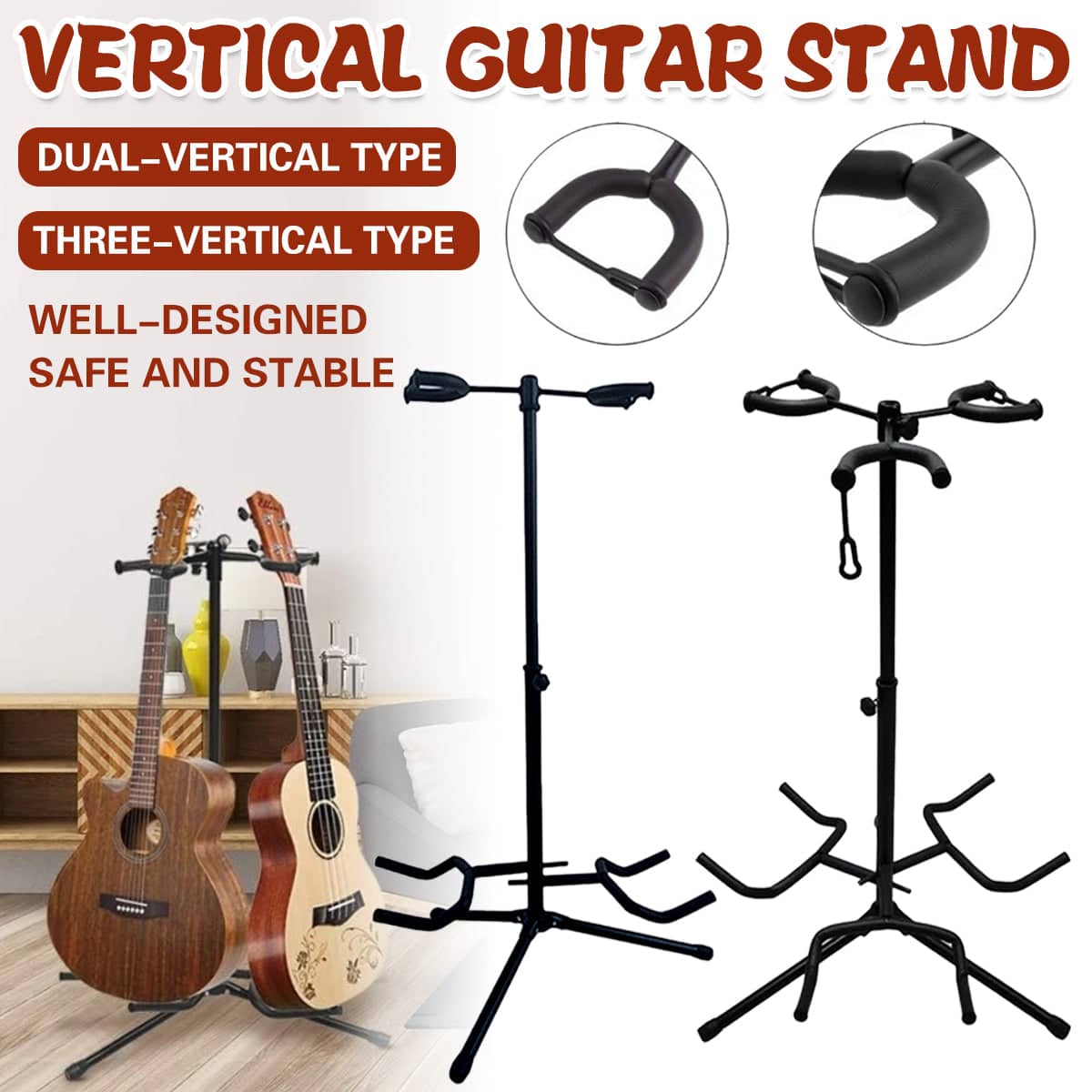 Height Adjustable Guitar Stand - Dual-Head Vertical Type, Black - view 2