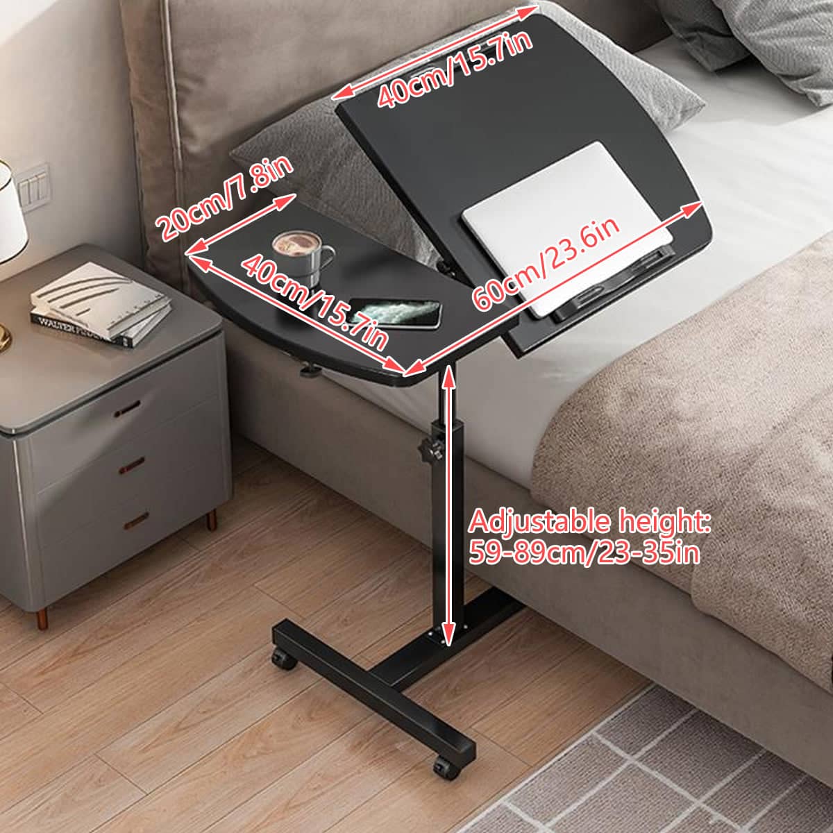 Height Adjustable Mobile Bedside Table with Wheels and Rotatable Tabletop - view 3