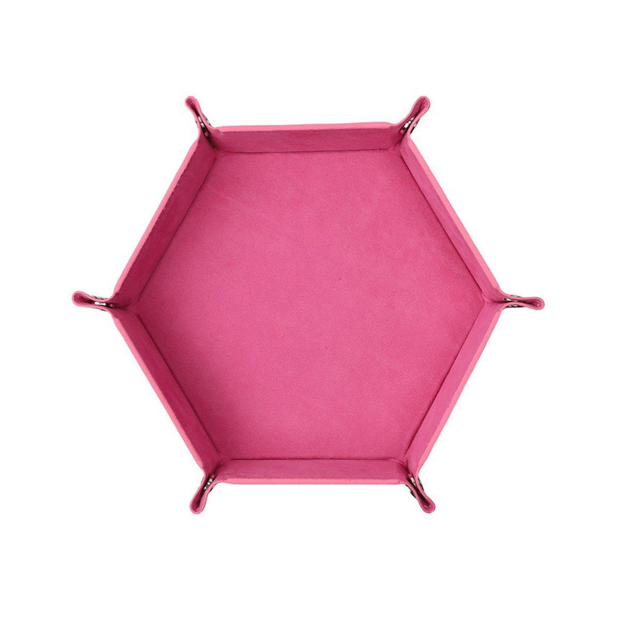 Hexagonal Folding Storage Tray, Velvet and Faux Leather - Pink