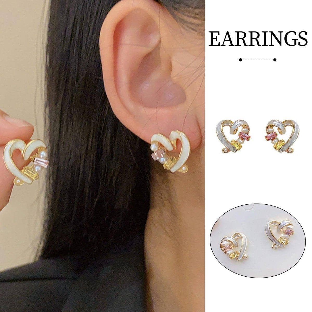 Hollow Heart Earrings with Pearls and Pink and Yellow Crystals