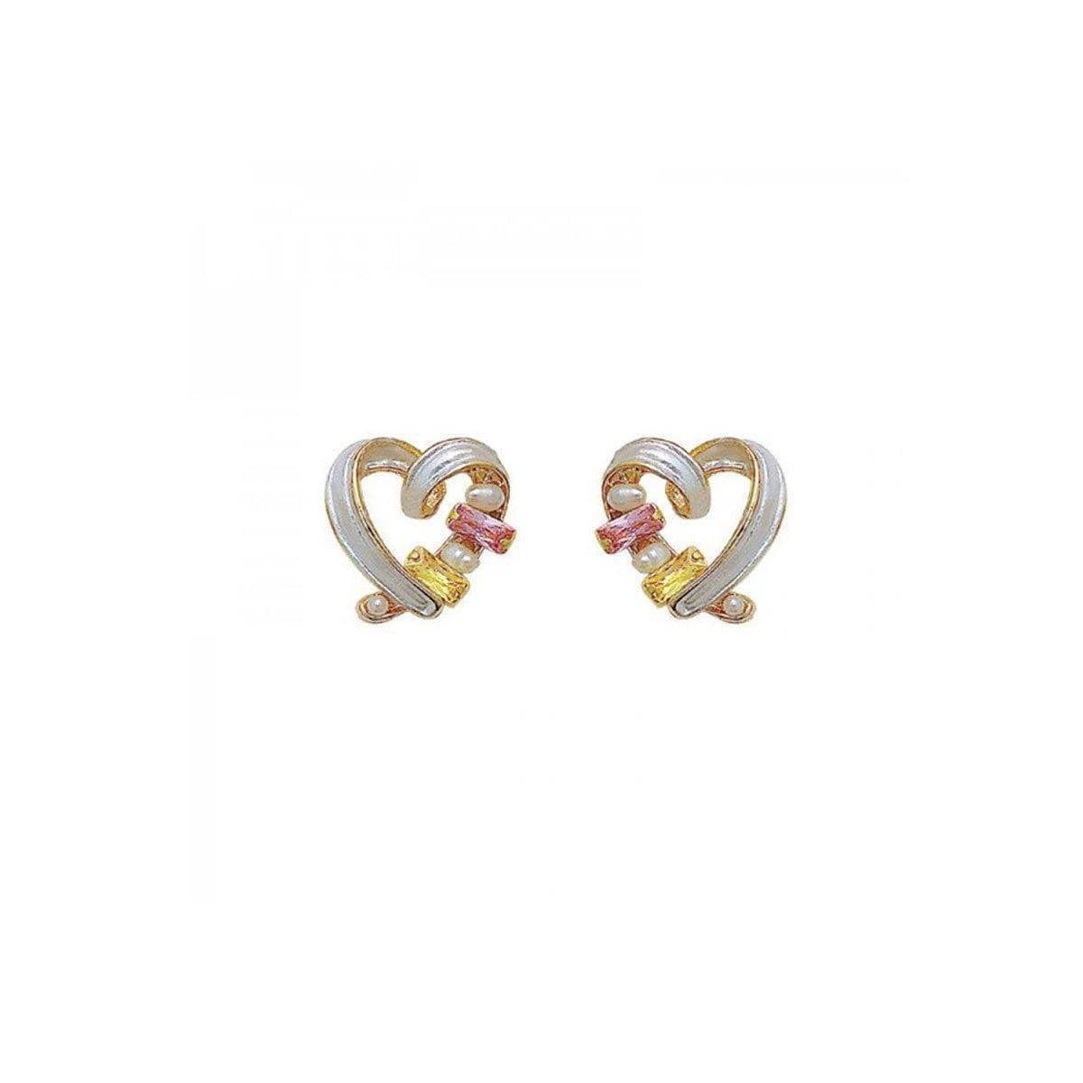 Hollow Heart Earrings with Pearls and Pink and Yellow Crystals - view 2