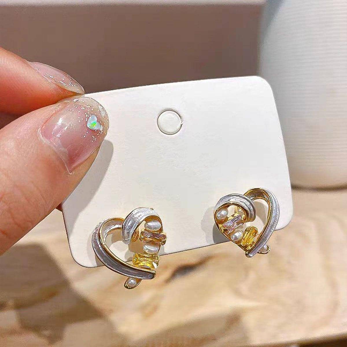 Hollow Heart Earrings with Pearls and Pink and Yellow Crystals - view 4