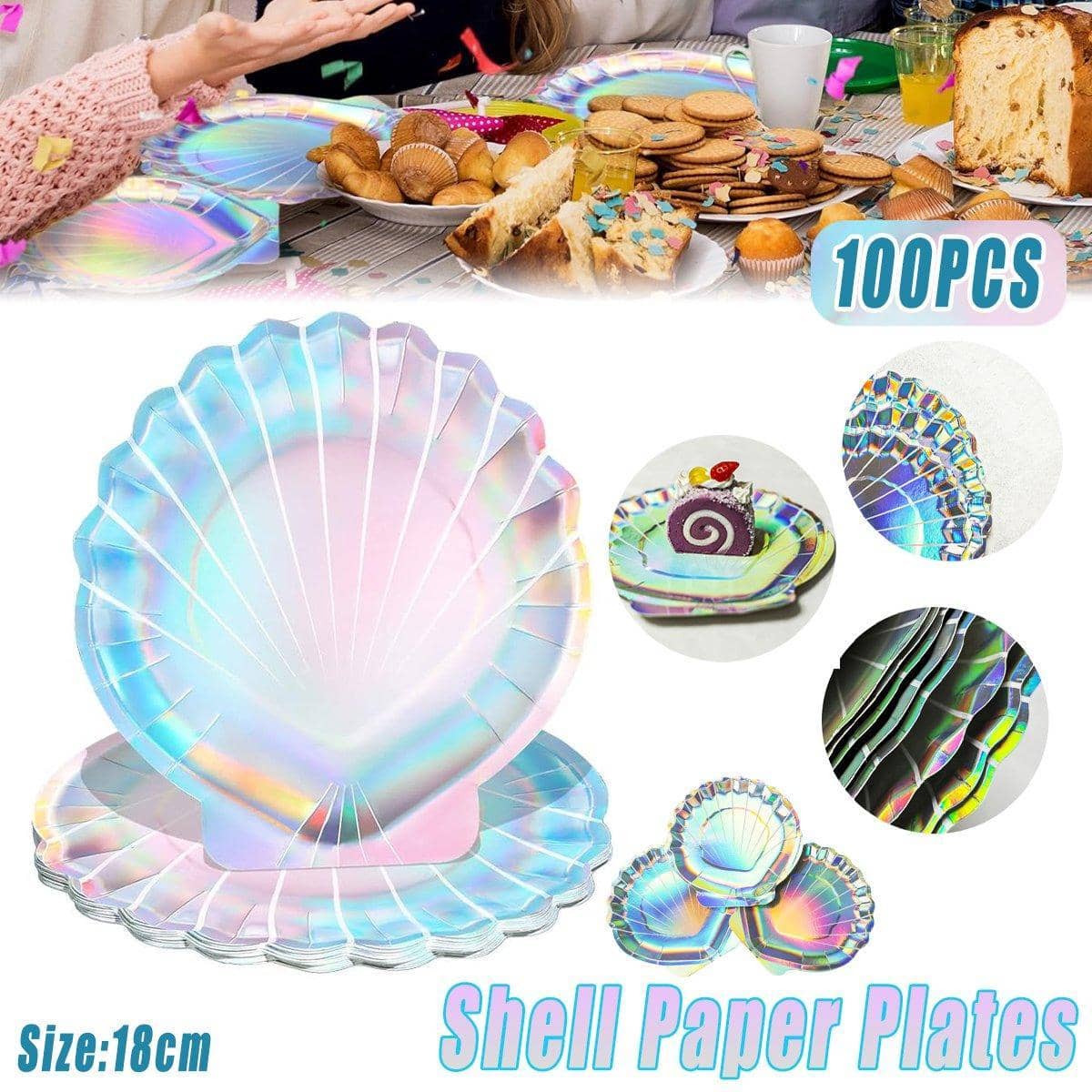 Holographic Shell Paper Plates for Parties, Pack of 100 (18cm)