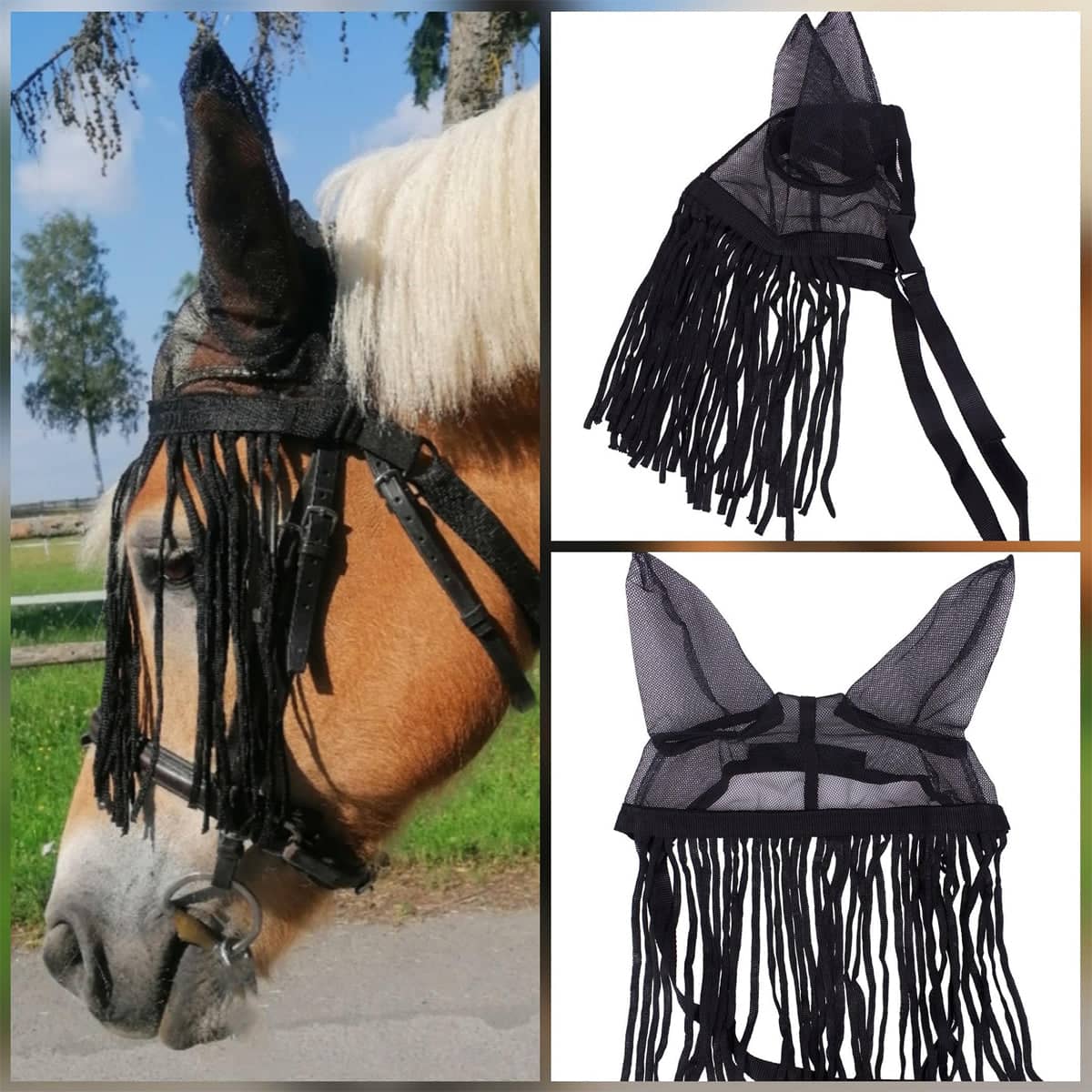 Horse Fly Mask with Ear Covers and Tassel Fringe - Black, Large (45 x 60 cm) - view 5