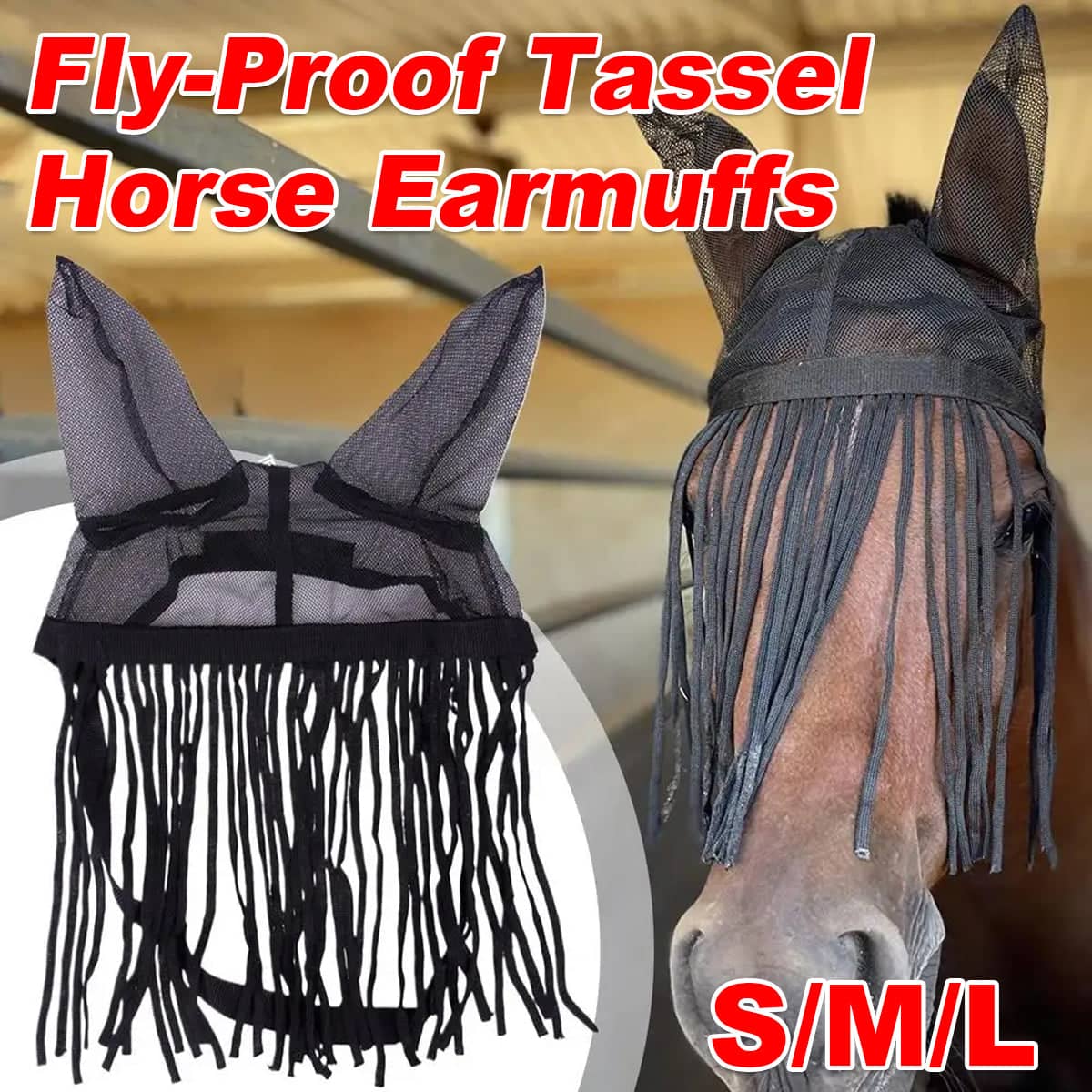 Horse Fly Mask with Ear Covers and Tassel Fringe - Black, Small (42 x 55 cm) - view 2