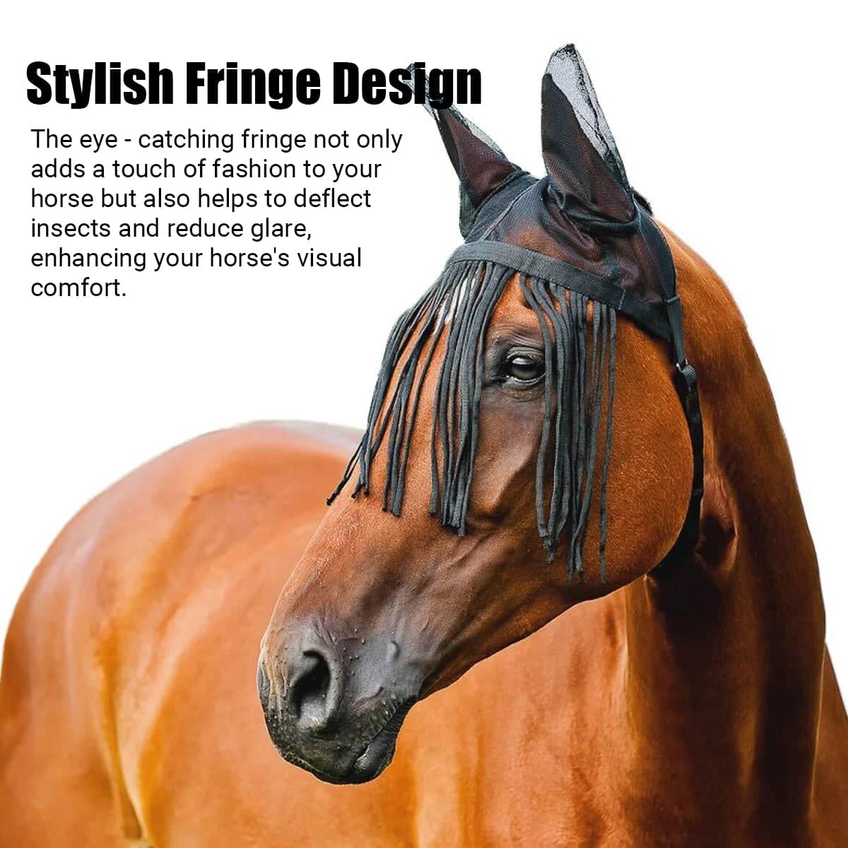 Horse Fly Mask with Ear Covers and Tassel Fringe - Black, Small (42 x 55 cm) - view 4