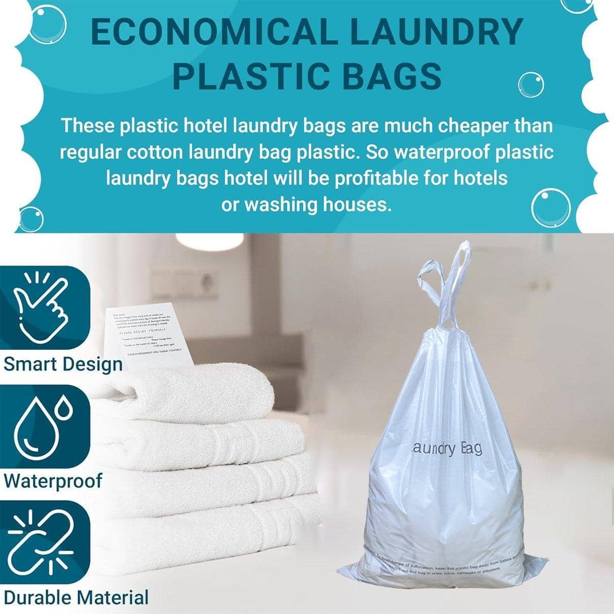 Hotel and Guesthouse Disposable Laundry Bags with Drawstring, Pack of 50 - view 4