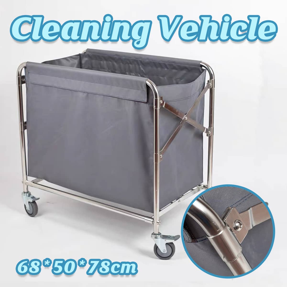 Hotel Room Cleaning Service Cart with Stainless Steel Frame and Grey Bag