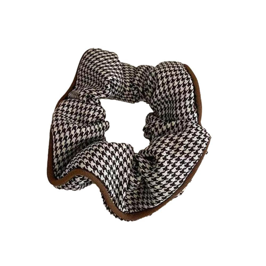 Houndstooth Plaid Hair Scrunchie - Coffee Brown