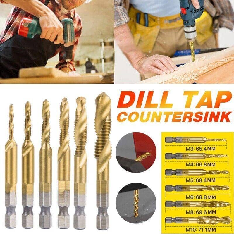 HSS Hex Shank Tap Drill Bits Metric Thread Countersink Set, Pack of 6