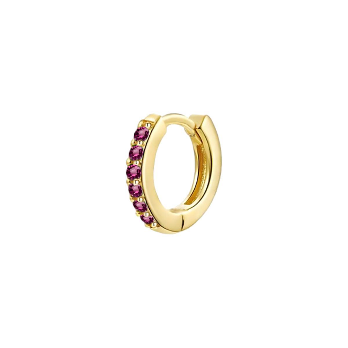 Huggie Hoop Earring Single, 10mm - Gold, Red Crystal