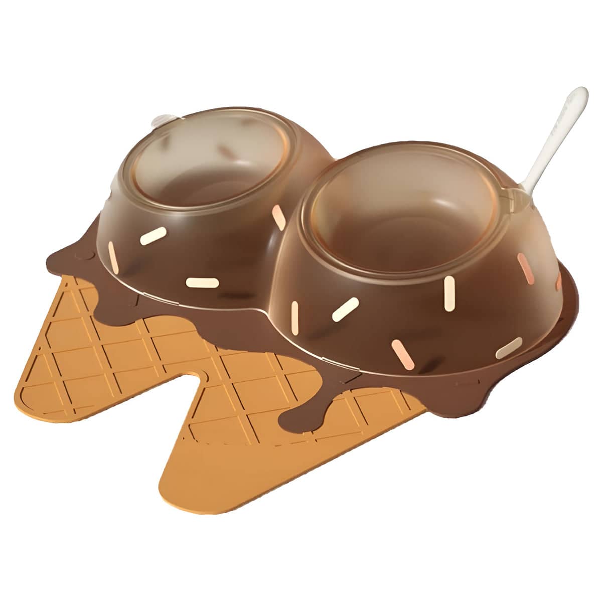 Ice Cream Shaped Pet Bowl Set with Feeding Mat and Spoon - Brown