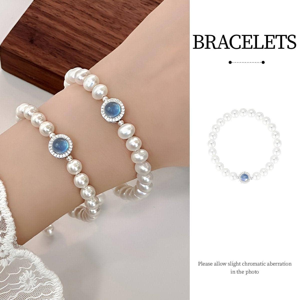 Imitation Pearl Stretch Bracelet with Blue Centre Gemstone - White