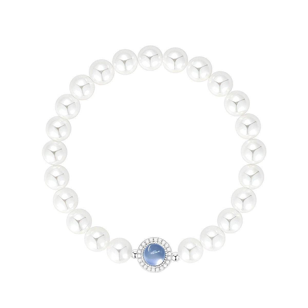 Imitation Pearl Stretch Bracelet with Blue Centre Gemstone - White - view 2