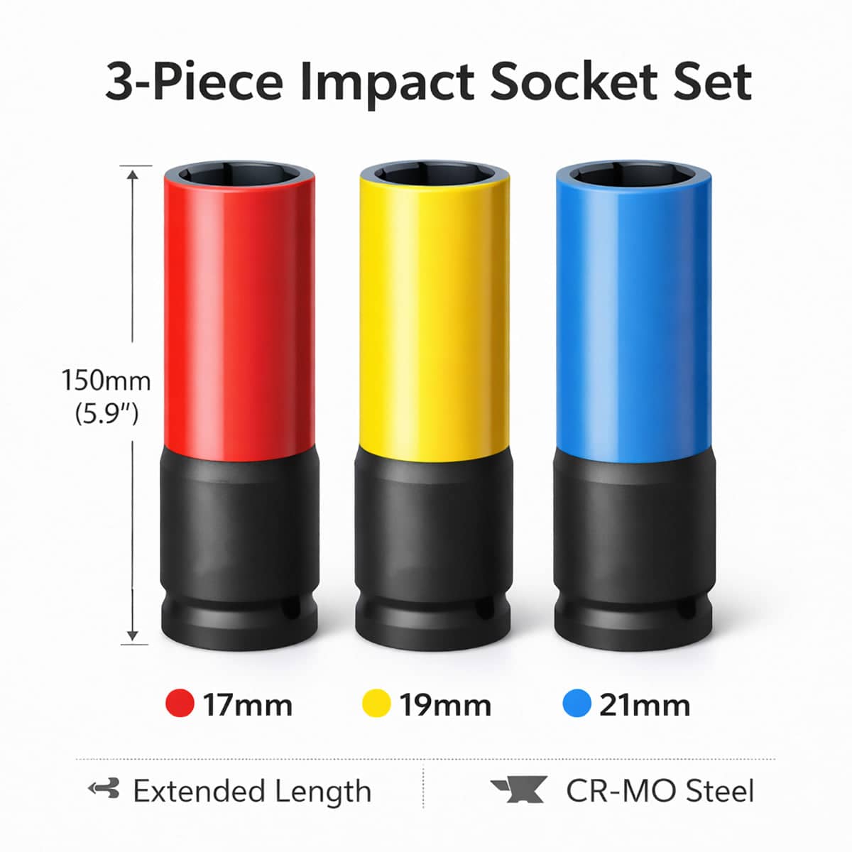 Impact Socket Set of 3 Deep 150 mm Wheel Nut Sockets, CRMO with Rim Protection Sleeve - view 3