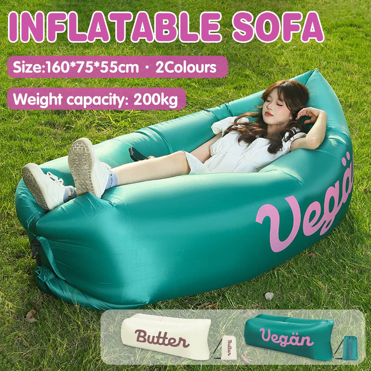 Inflatable Air Sofa Lounger for Camping and Picnics - Teal Green - view 2