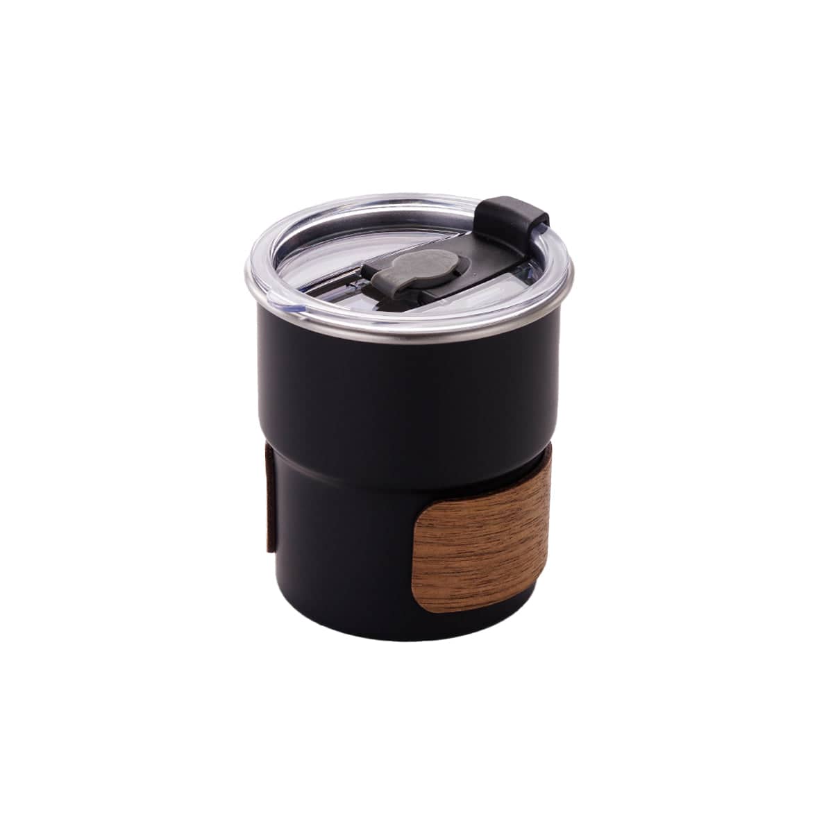 Insulated Camping Tumbler with Flip Lid and Wood Grain Grip, 300 ml - Black