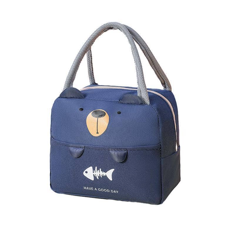 Insulated Canvas Lunch Bag Cooler Tote with Bear Design - Navy