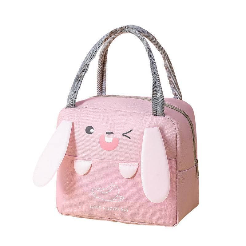 Insulated Canvas Lunch Bag Cooler Tote with Bunny Design - Pink