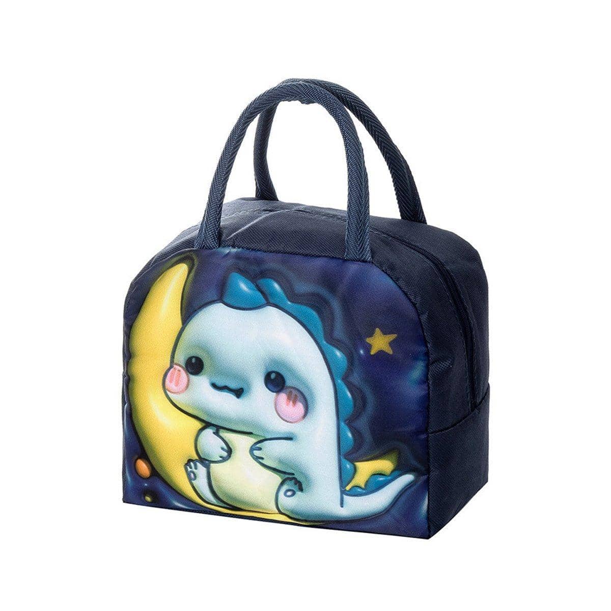 Insulated Kids Lunch Bag, 3D Cartoon Oxford Fabric - Navy Blue Dinosaur
