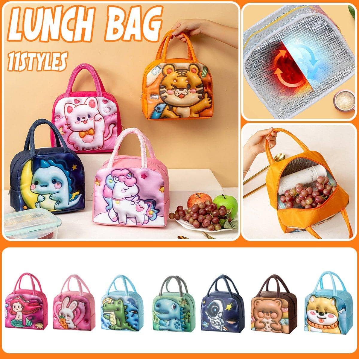 Insulated Kids Lunch Bag, 3D Cartoon Oxford Fabric - Navy Blue Dinosaur - view 2