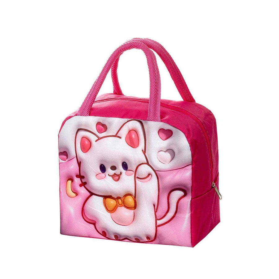 Insulated Kids Lunch Bag, 3D Cartoon Oxford Fabric - Pink Kitten
