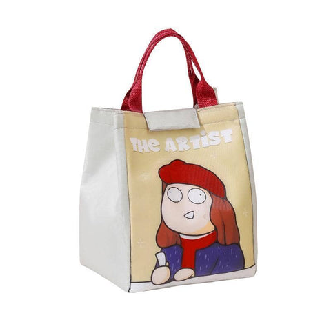 Insulated Lunch Bag with Cartoon Girl Print, Roomy Picnic Tote - Grey