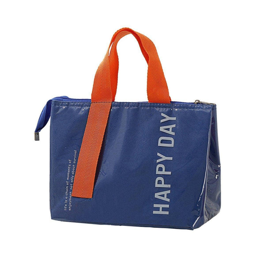 Insulated Lunch Bag with Foil Lining - Navy Blue with Orange Handle