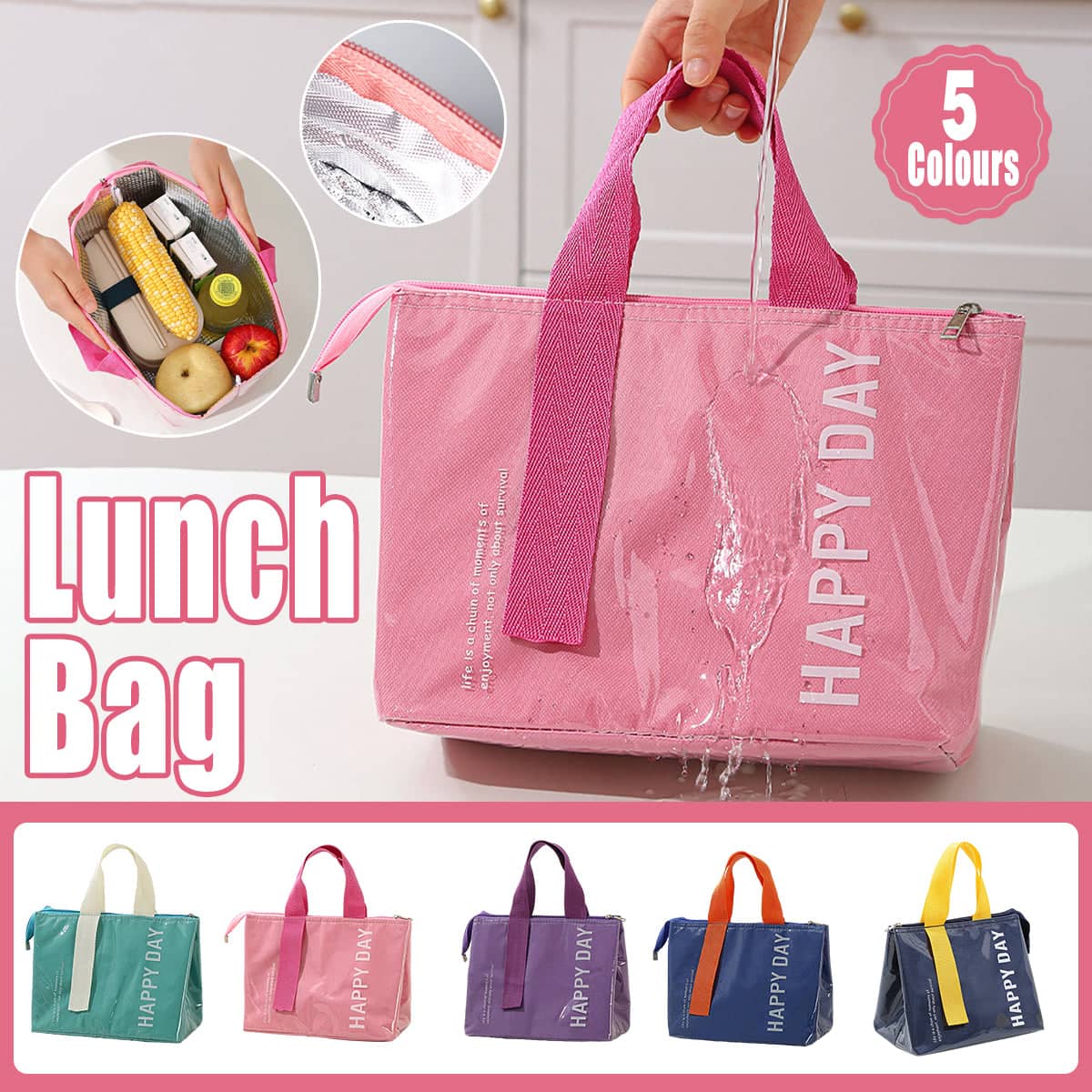 Insulated Lunch Bag with Foil Lining - Teal Green with Cream Handle - view 2