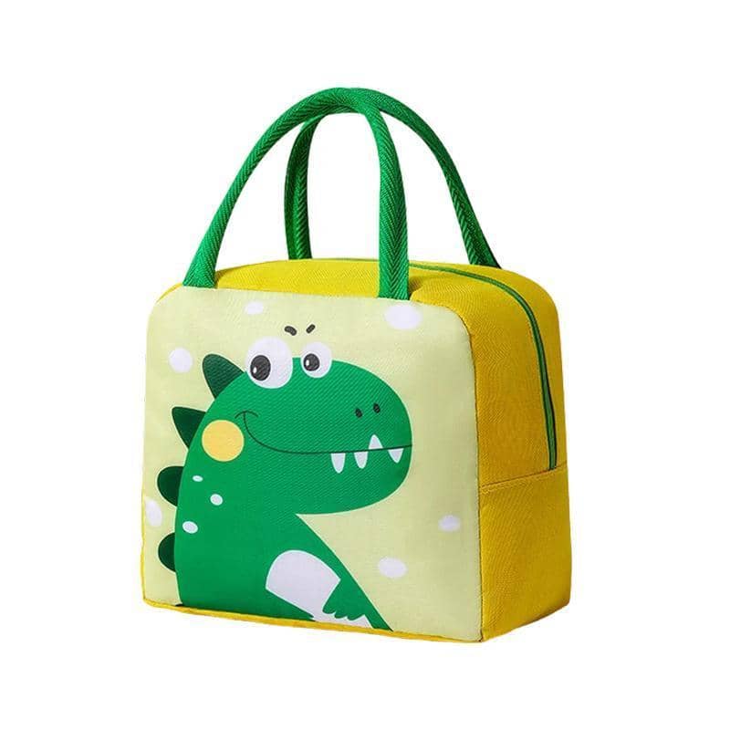 Insulated Neoprene Lunch Bag with Zip - Dinosaur Design, Green and Yellow