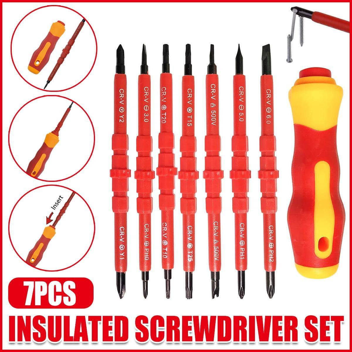 Insulated Screwdriver Set, Pack of 7 with Handle and Interchangeable Tips for Electrical Maintenance