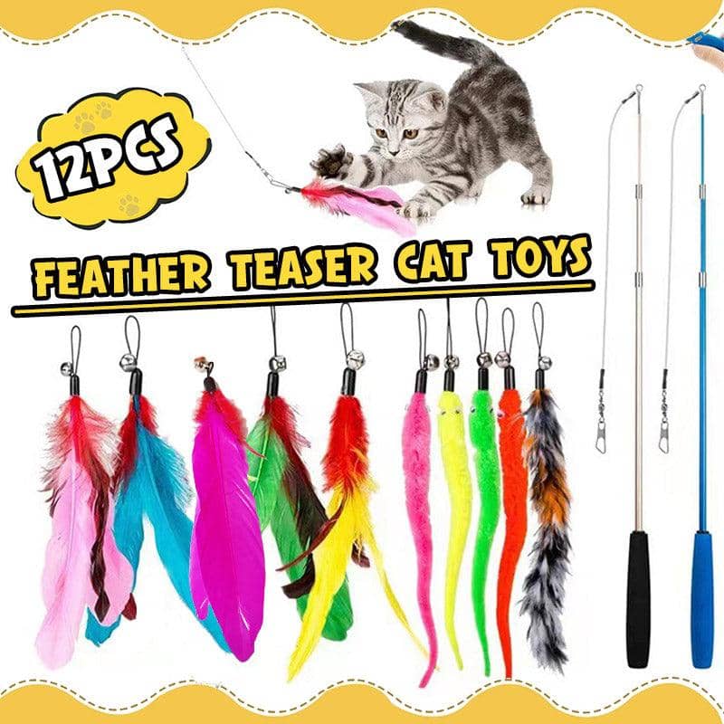 Interactive Cat Feather Teaser Wand Toy Set for Kittens and Cats, Pack of 12