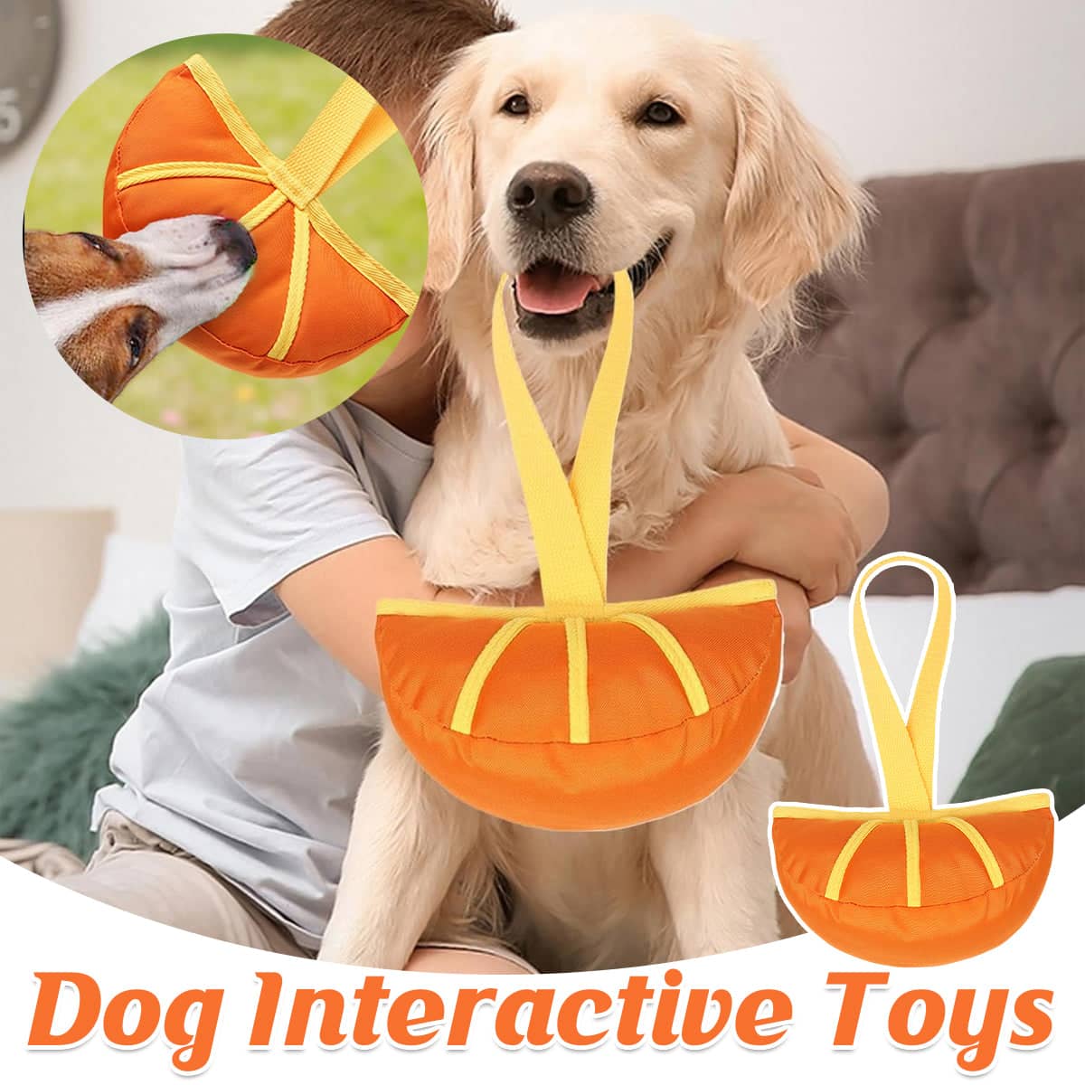 Interactive Dog Toy with Teeth Cleaning Belt and Handle Strap, Orange