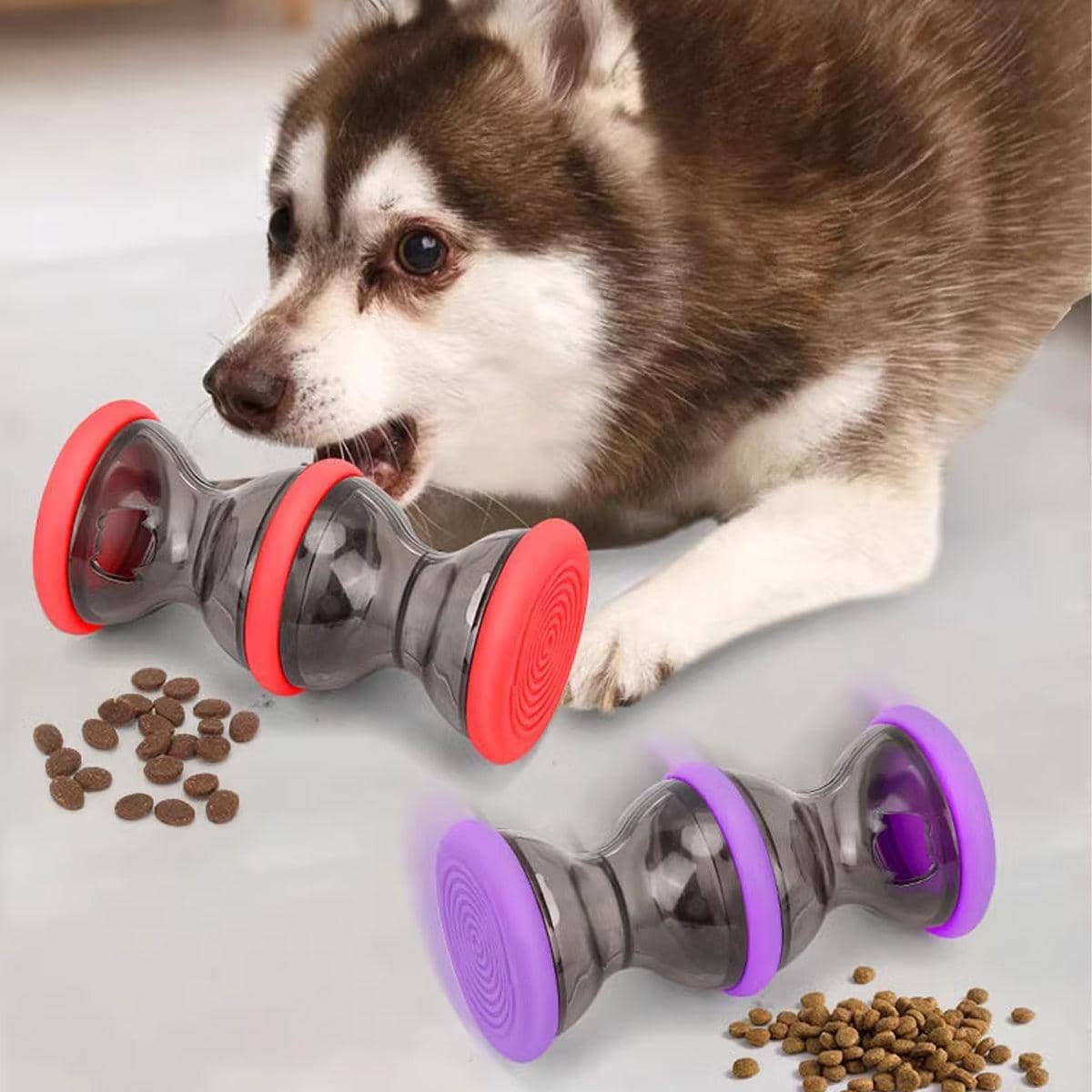 Interactive Dog Treat Dispenser Toy Dumbbell Roller - Purple, Small (11 x 5.5 cm) - view 5