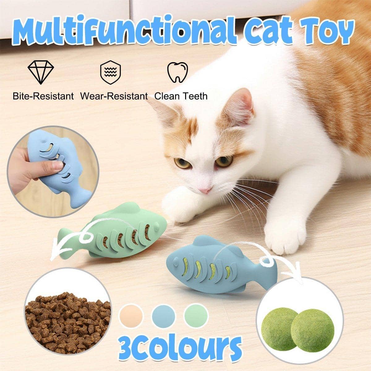 Interactive Fish Cat Toy with Snack Dispenser, Silicone - Blue - view 2