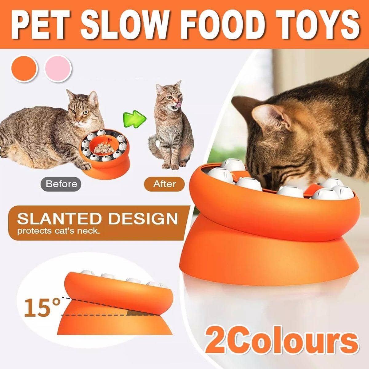 Interactive Slow Feeder Puzzle Bowl for Cats and Small Dogs with Non Slip Base - Orange - view 2