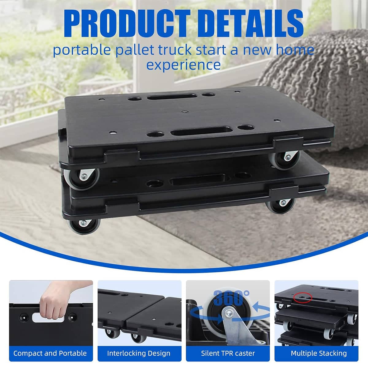Interlocking Black Utility Carts Set of 2 with Silent Wheels for Office and Warehouse - view 4