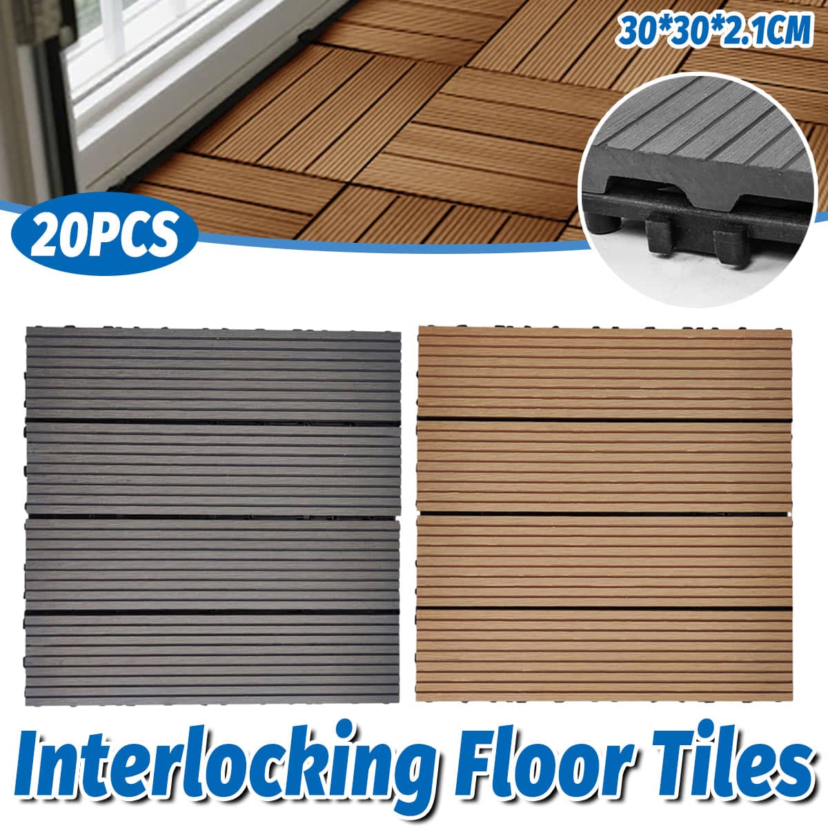 Interlocking Floor Tiles Plastic Wood, Pack of 20 - Grey - view 2